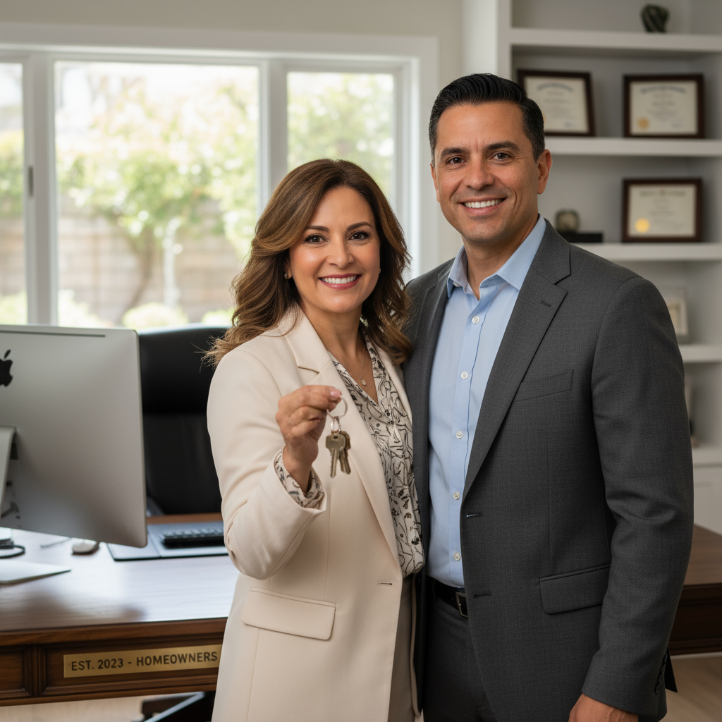 Hispanic couple, portrait, homeowners, smiling, professional setting