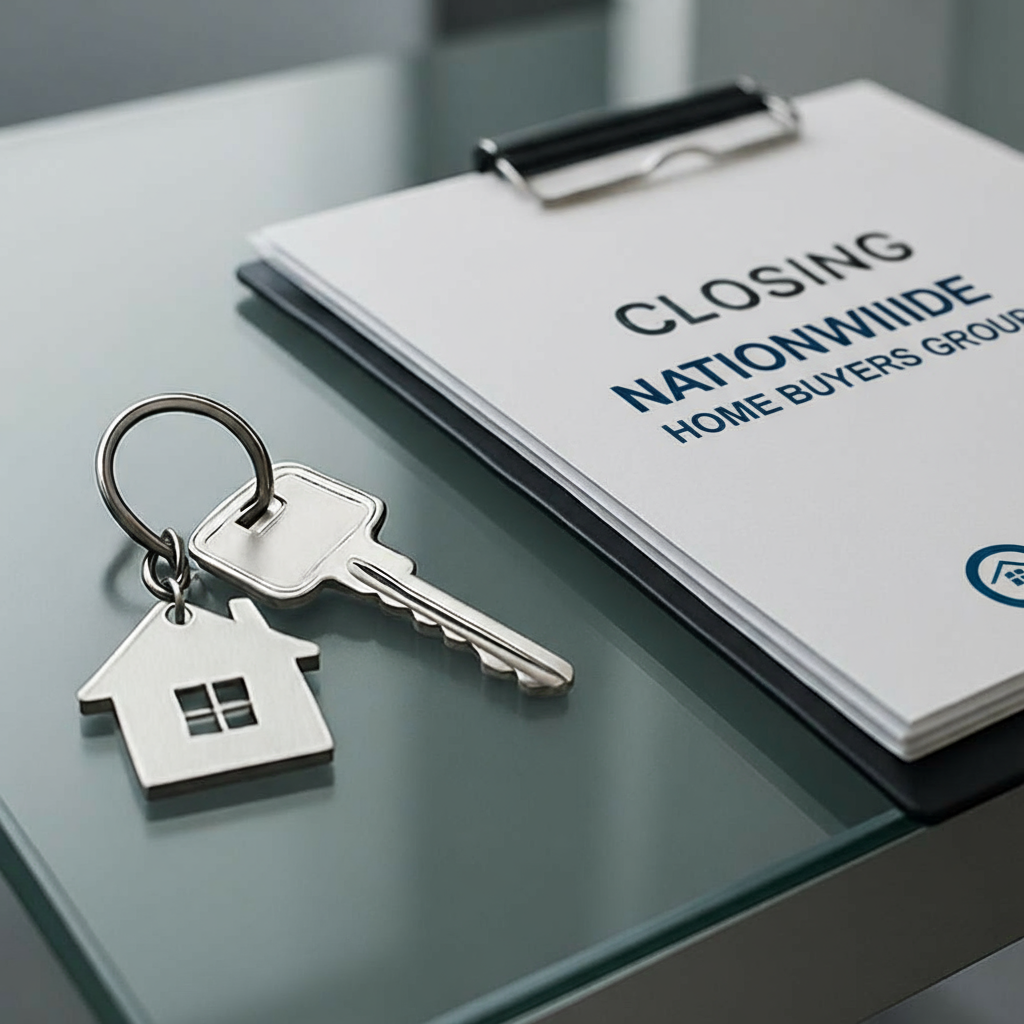 Edit the image of closing documents to visually represent Nationwide Home Buyers Group, including the group name on the documents or as an accent.