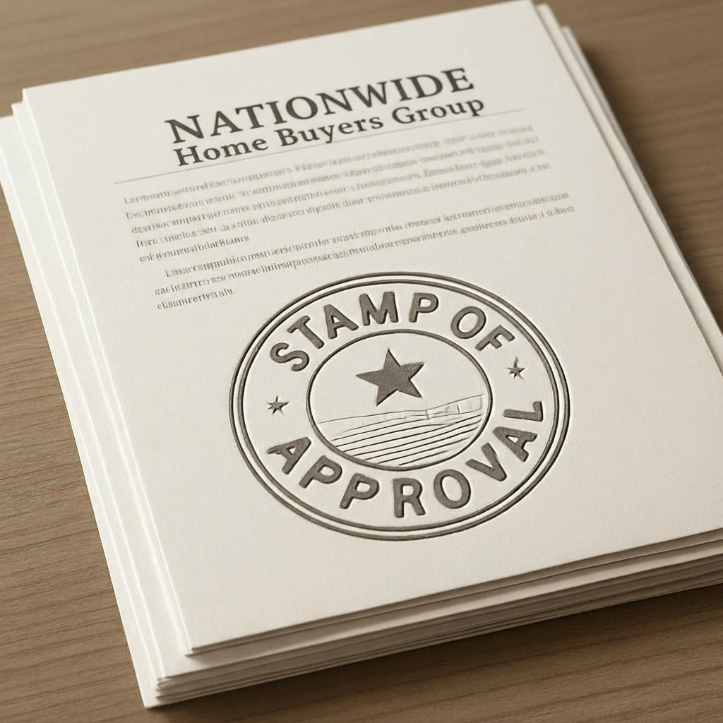 Edit the image so that the word 'PROPERTY' is replaced with 'NationWide Home Buyers Group' on the closing document.